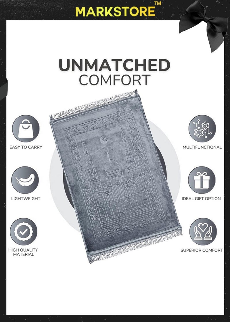 مارك ستور سجادة صلاة رمادية، سجادة صلاة علوية مخملية منقوشة فاخرة مضادة للانزلاق، جاي نماز، مصلى لنماز عبادات العمرة حج رمضان 80 × 120 سم، أفضل هدية لرمضان - Image 2